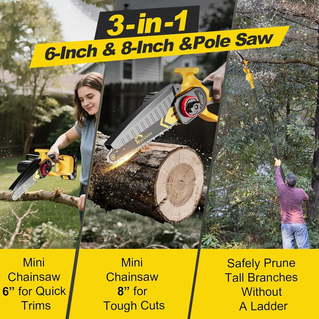 Cordless Pole Saw 3-in-1 with 6&8 Inch Mini Chainsaw, Battery Powered Electric Pole Saw for Tree Trimming with 2×4.0Ah Battery, Lightweight, Up to 14 FT Extendable Pole Saw for Home & Garden & DIY