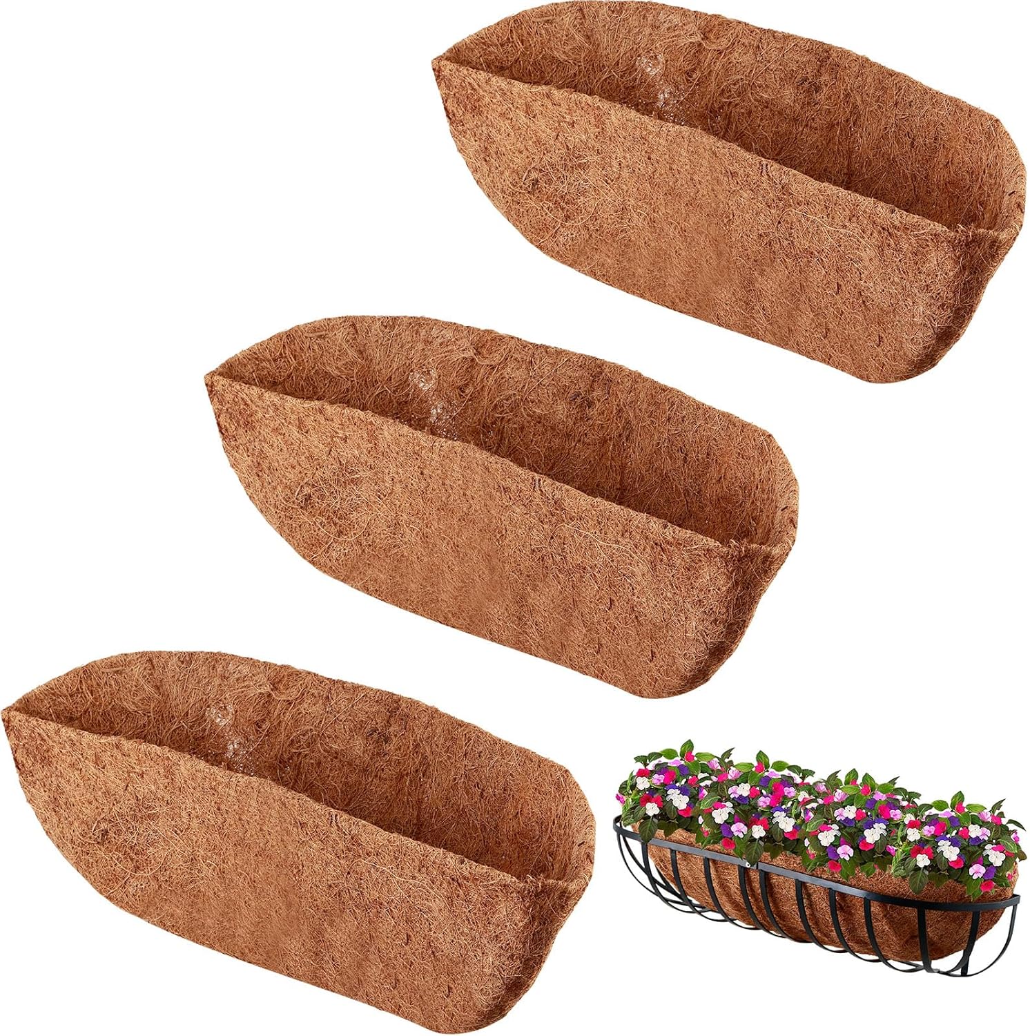 3 Pack Trough Coco Liner 24/30/36 Inch Hanging Basket Liners 100% Natural Coconut Husk Liners for Planters Window Box Planter Inserts for Large Pots Trough Planters Outdoor Garden Decoration
