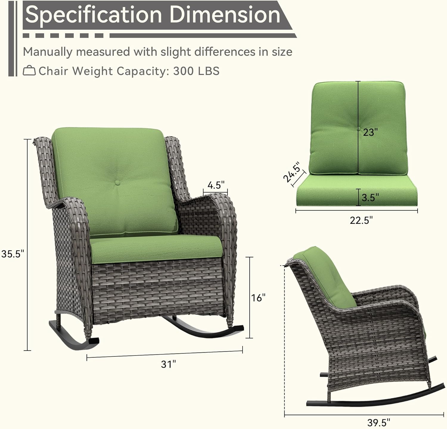 1 PC Outdoor Rocking Chair, Wicker Patio Rocker Chair for Yard, Porch, Mixed Brown Grey Rattan, Green Cushions