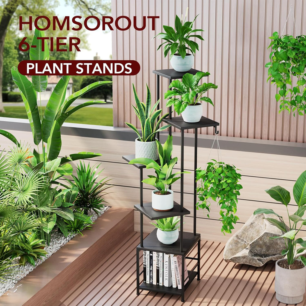 Plant Stand Indoor with Grow Light, 6-Tiered Tall Plant Stand Indoor, Metal Plant Shelf with Hanging Basket Hook and Adjustable Light, Ideal for Living Room, Garden, Patio, Black