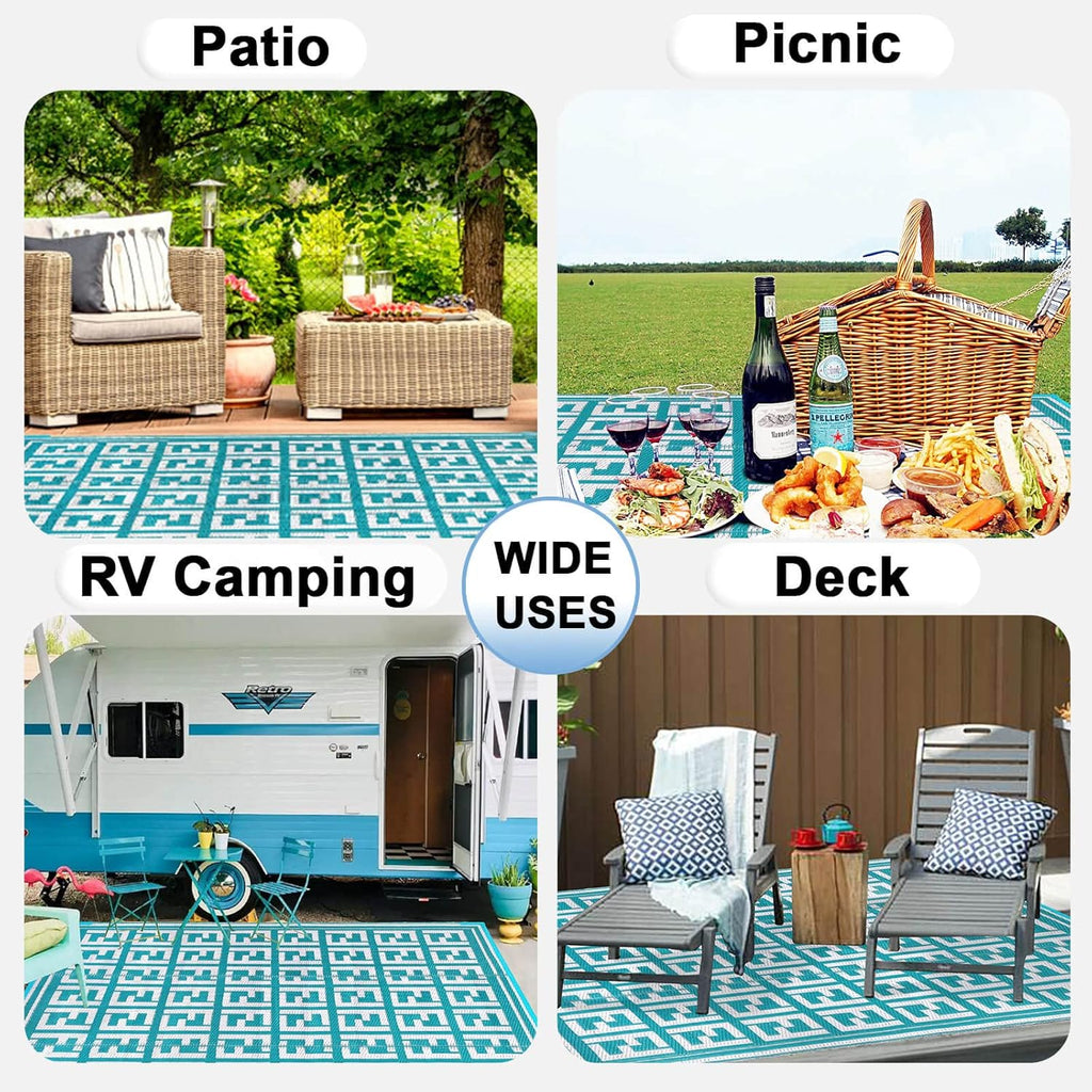 OutdoorLines Outdoor Plastic Area Rugs for Patio 5x8 ft - Reversible Outside Carpet, Stain & UV Resistant RV Mats, Straw Rug for Camping, Deck Garden, Porch and Balcony, Geometry Teal & Light Grey