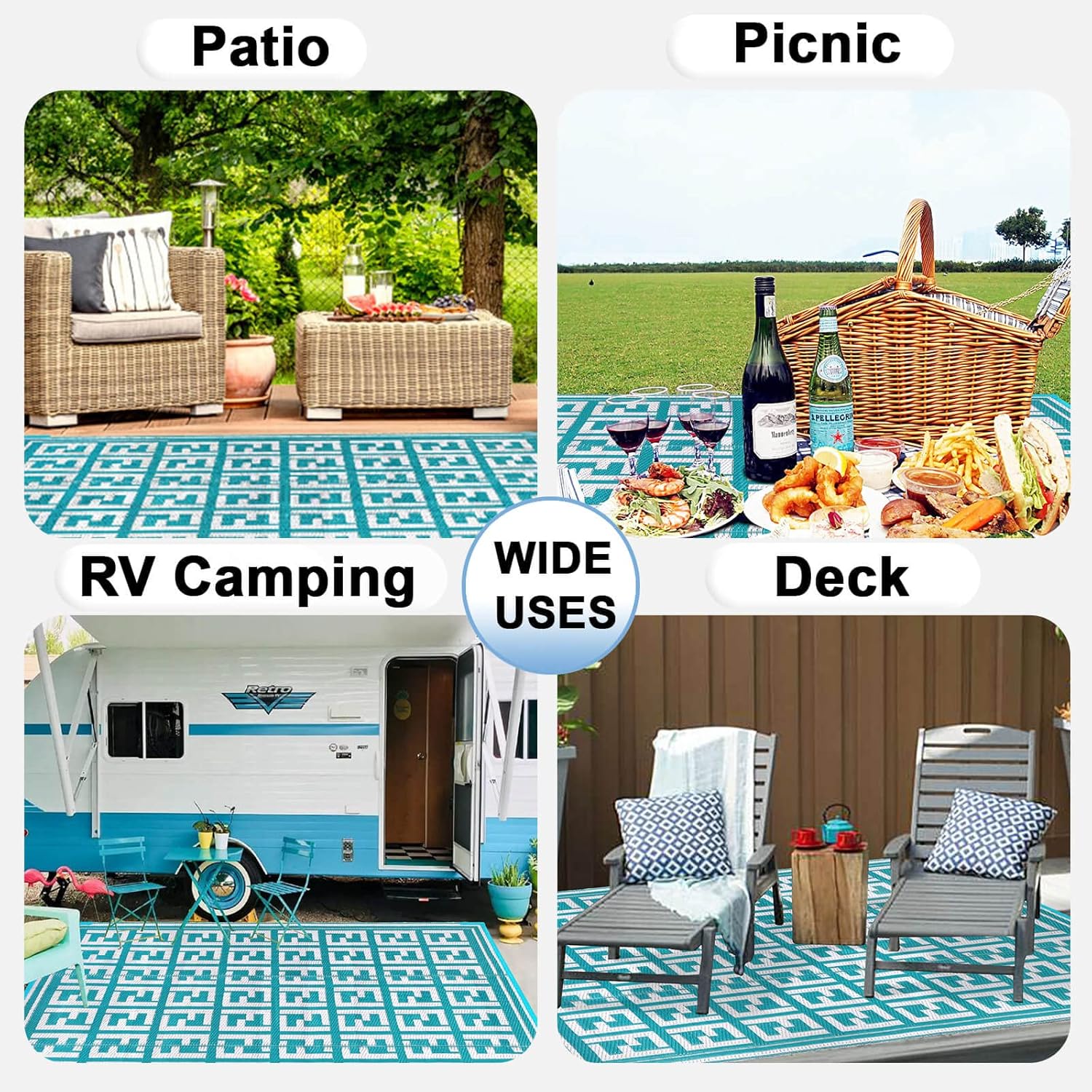 OutdoorLines Outdoor Plastic Area Rugs for Patio 5x8 ft - Reversible Outside Carpet, Stain & UV Resistant RV Mats, Straw Rug for Camping, Deck Garden, Porch and Balcony, Geometry Teal & Light Grey