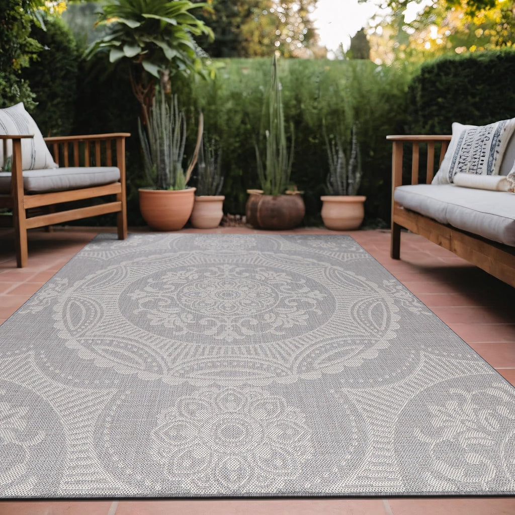 Medallion Outdoor Rug 8x10 Washable Outside Carpet for Indoor Patio Porch Waterproof Easy Cleaning Non Shedding Area Rugs Gray 8 x 10