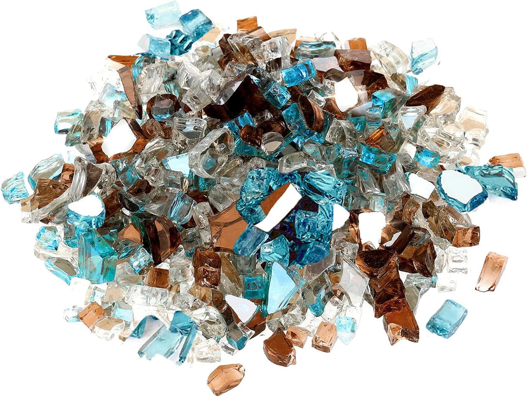 Mr. Fireglass 10 Pounds Blended Reflective Fire Glass for Fire Pit Fireplace and Landscaping, 1/2 Inch Mixed Colored High Luster Fireglass Rocks for Outdoor ＆ Indoor Use Aqua Blue+Copper+Platinum