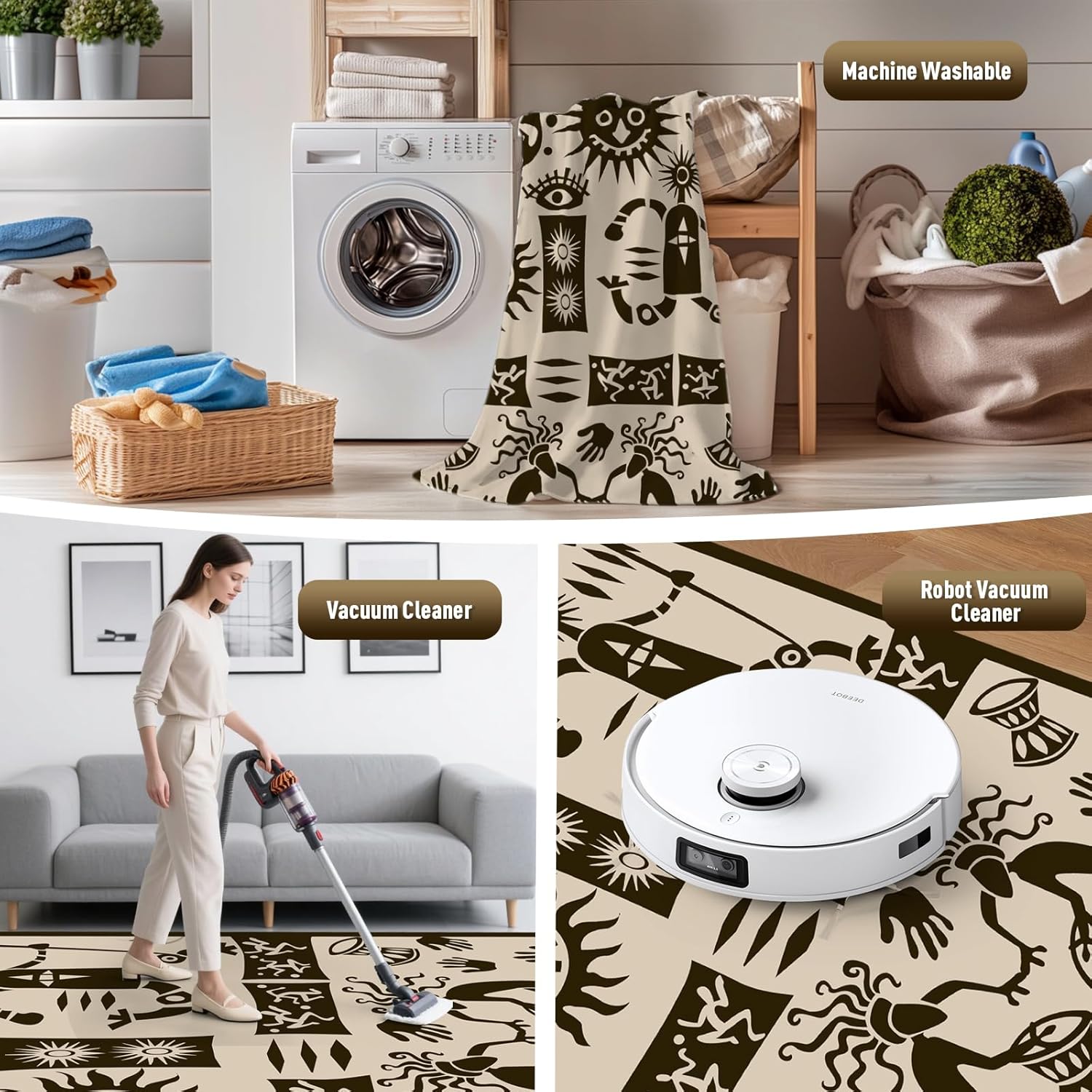 WILDROOTS 5x8 Feet Plastic Tribal Outdoor Rug, Stain Resistant Waterproof Reversible Outdoor Patio Rug, Fade Resistant Camping Rug (Ivory Beige)