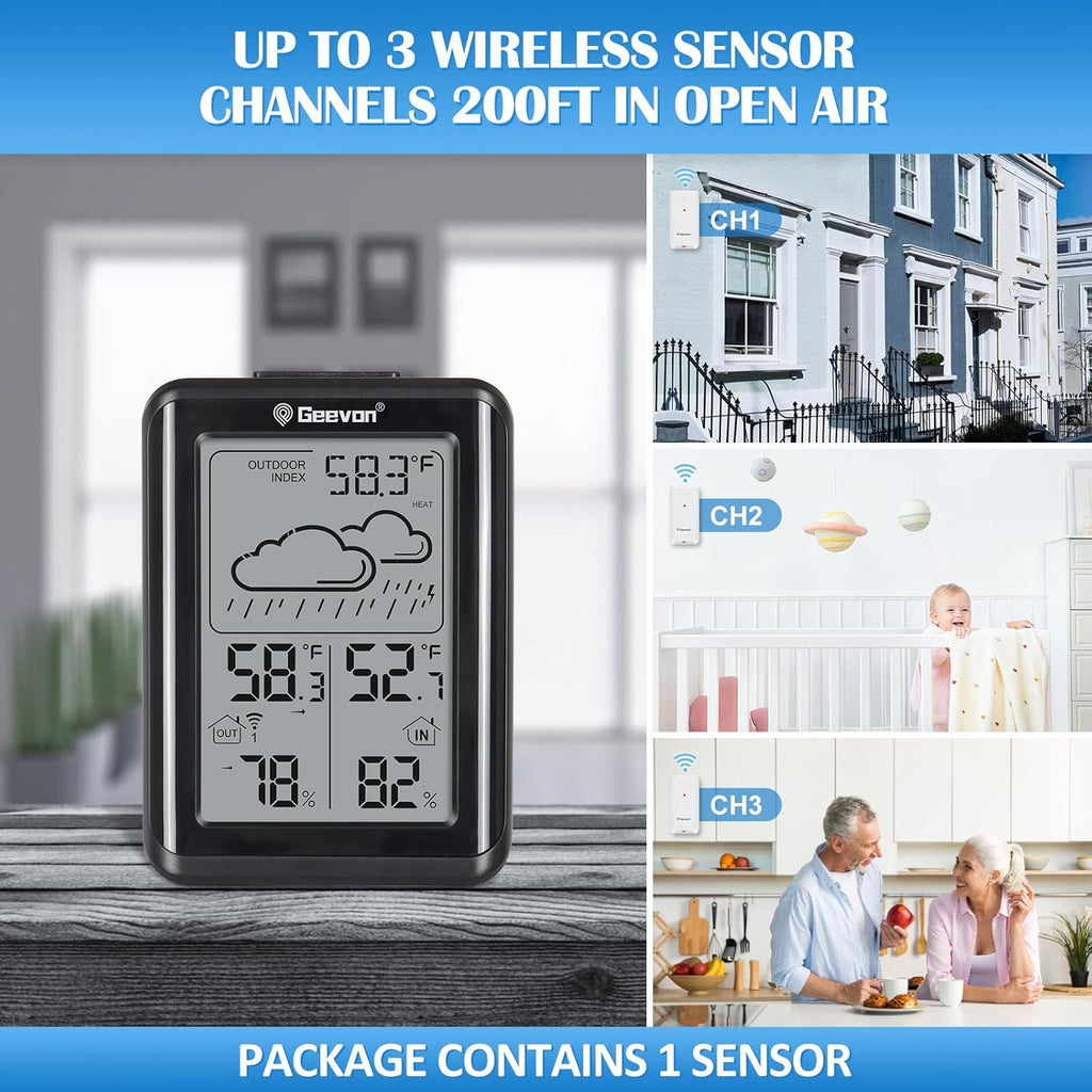 Geevon Indoor Outdoor Thermometer Wireless 200ft/60m, Digital Temperature Humidity Monitor with Large Display, Hygrometer with Weather, 3 Channel, Mold/Dew/Heat, 10s Backlight
