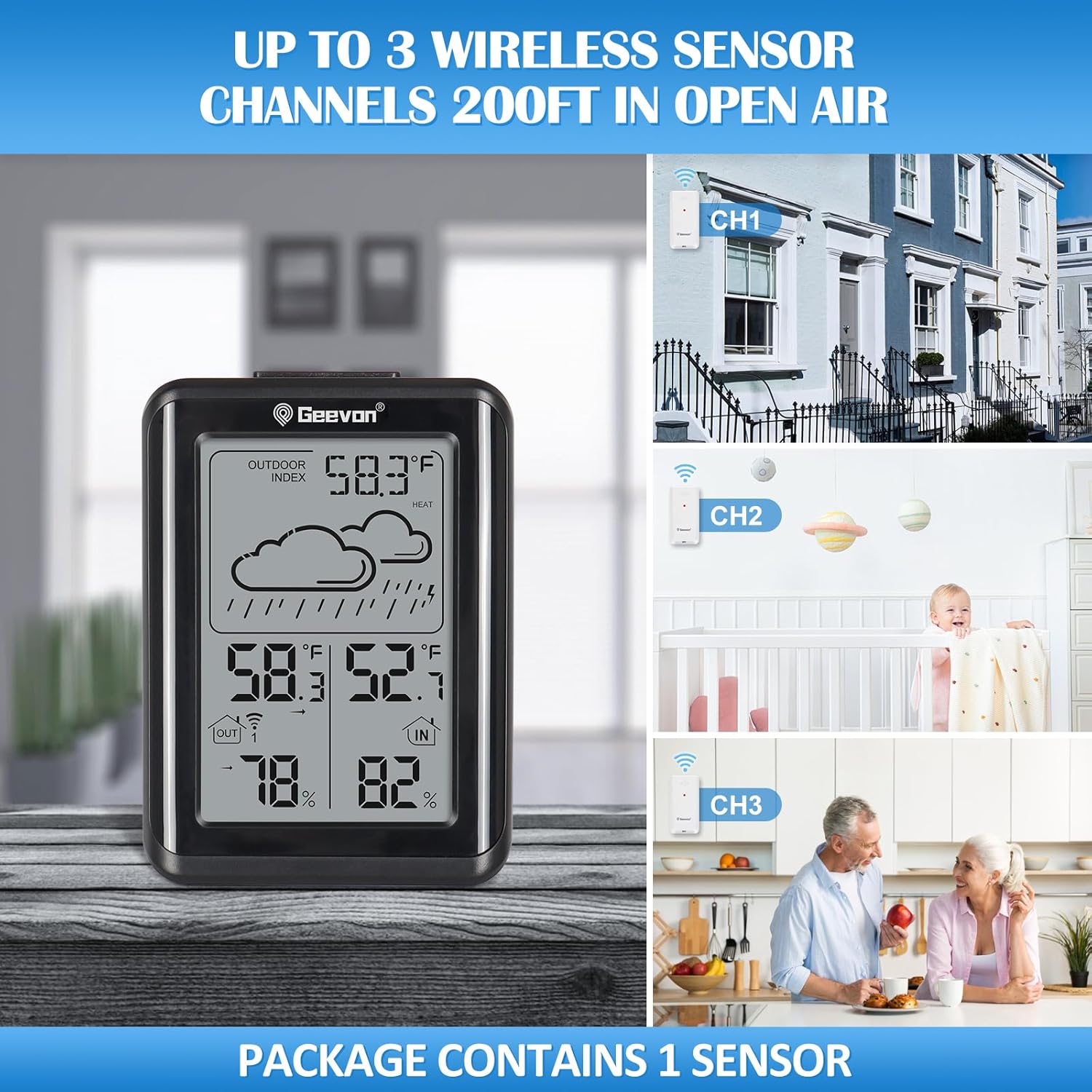Geevon Indoor Outdoor Thermometer Wireless 200ft/60m, Digital Temperature Humidity Monitor with Large Display, Hygrometer with Weather, 3 Channel, Mold/Dew/Heat, 10s Backlight