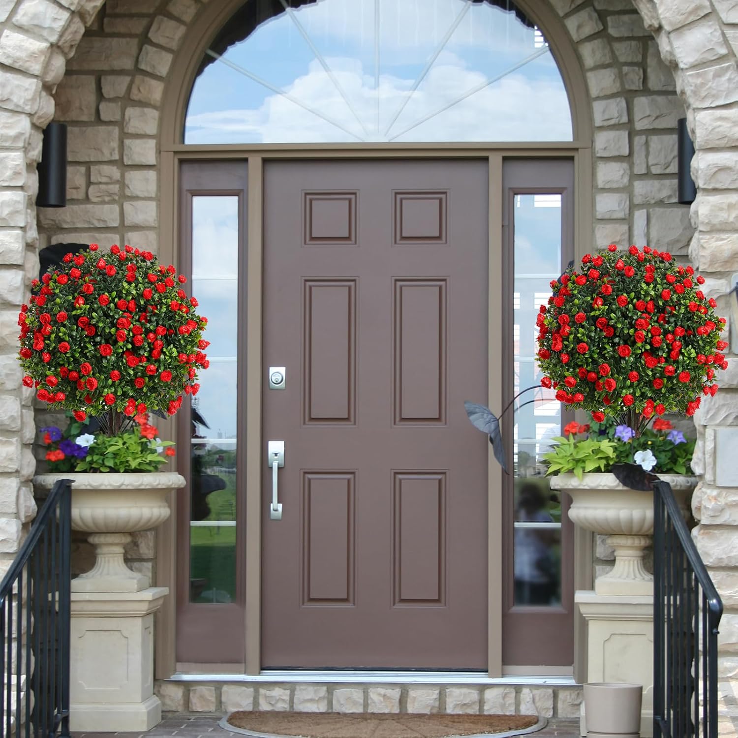 Artificial Rose Topiary Trees, 17 Inch UV-Resistant Red Flowers, Set of 2 with Ground Stakes, Indoor Outdoor Decorative Plants
