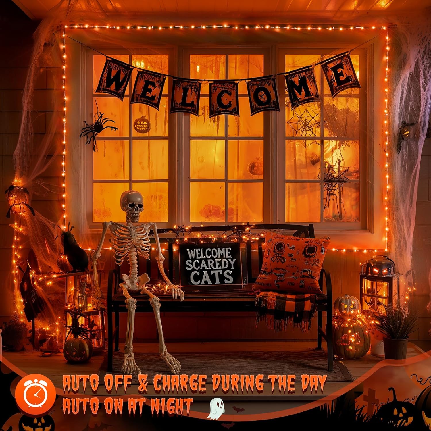 JMEXSUSS 2 Pack Solar Halloween Lights, 33ft 100 LED Orange Halloween Lights Outdoor, Waterproof Solar Fairy String Light for Tree Yard Patio Garden Thanksgiving Decorations