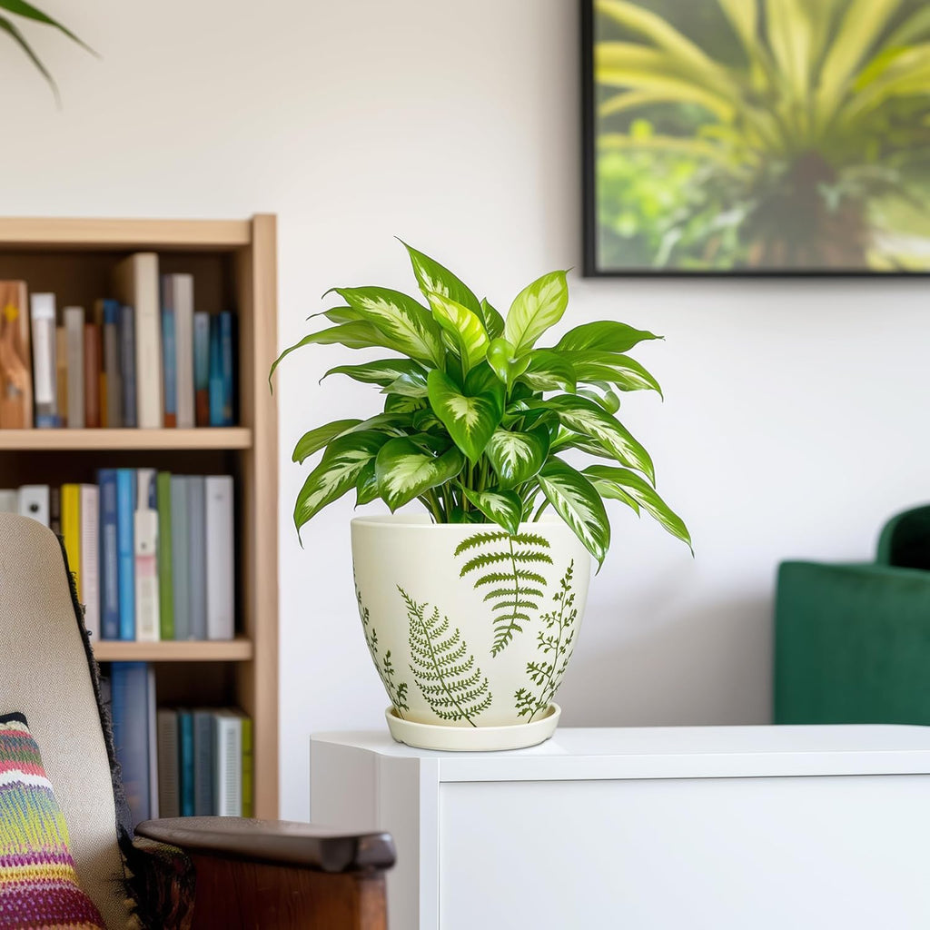 Ceramic Pot for Plants - 6.8 Inch Plant Pot Indoor with Drainage Hole and Saucer, Boho Round Planter for Indoor Outdoor Flowers, Gardening Gifts for Women Men, Garden Home Office Decor, White