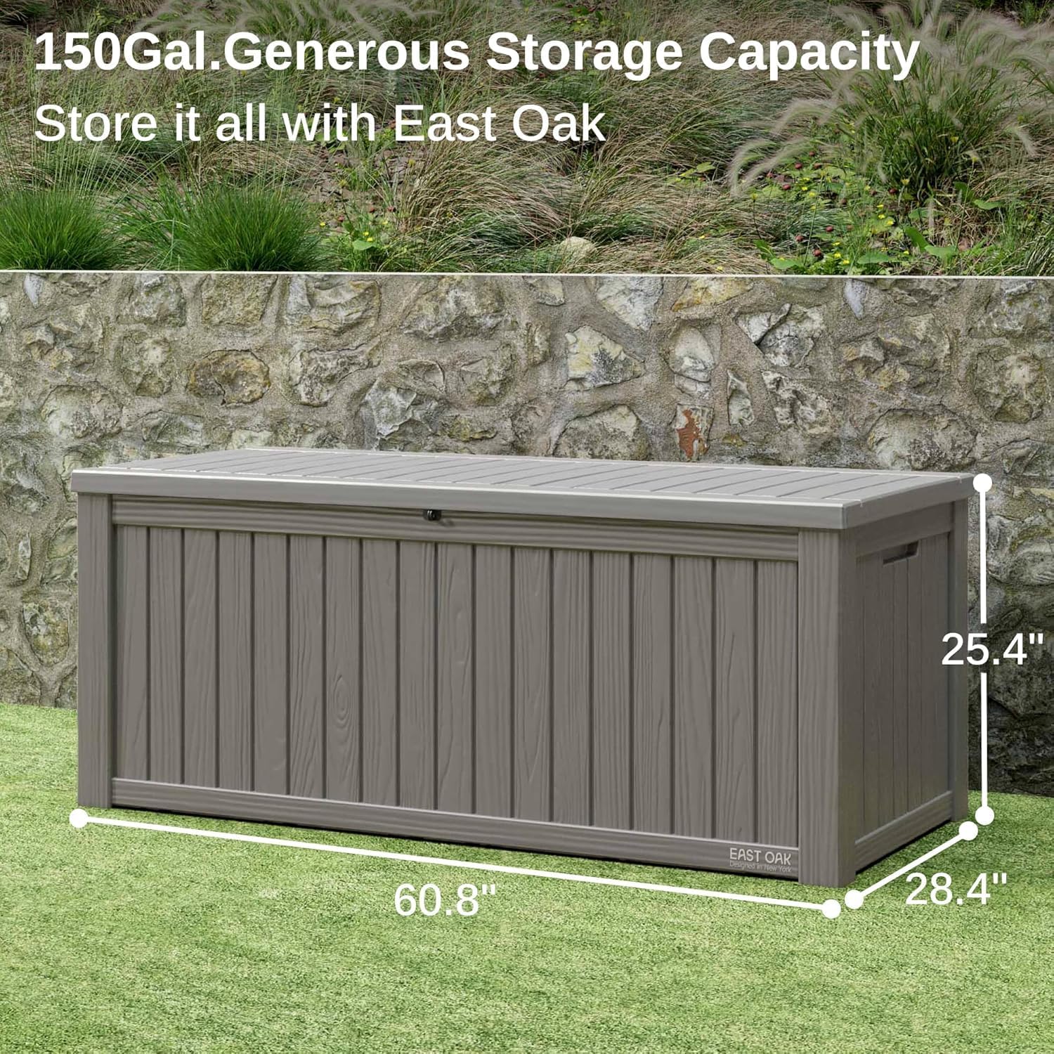 EAST OAK Outdoor Storage Box, 150 Gallon Deck Box, Large Resin Storage Bin for Patio Cushions, Gardening Tools, Lockable, Waterproof and UV Resistant, Grey
