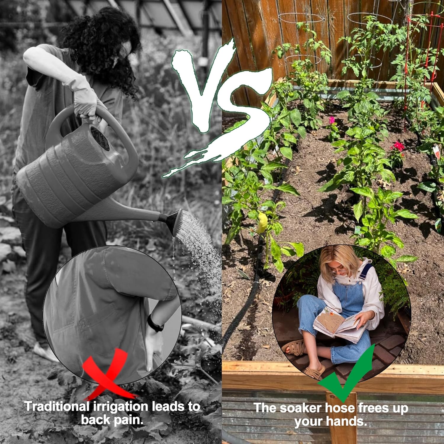 Customizable Soaker Hose System, 1/2inch 50ft Rubber Hose with 25ft PVC Garden Hose, Drip Irrigation Watering Hose with Reinforced Fittings for Flowers Bed Foundation, Lawn, Vegetable, Tree