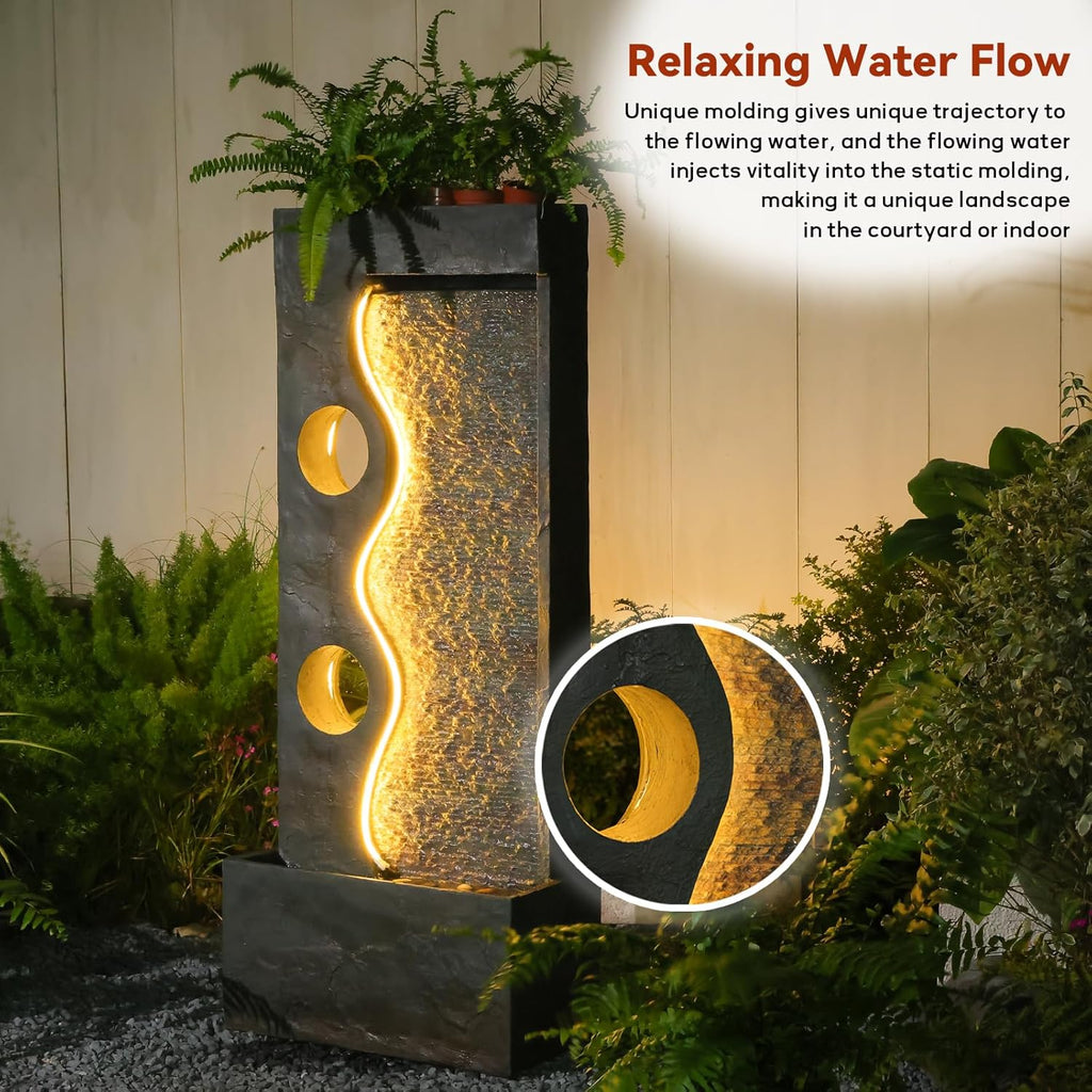 46.8" H Water Fountain Outdoor Water Fall Fountains Indoor Waterfall Modern Fountain with LED Lights Floor-Standing for Outside Garden, Patio, Backyard, Deck, Porch, Landscaping, Balconies