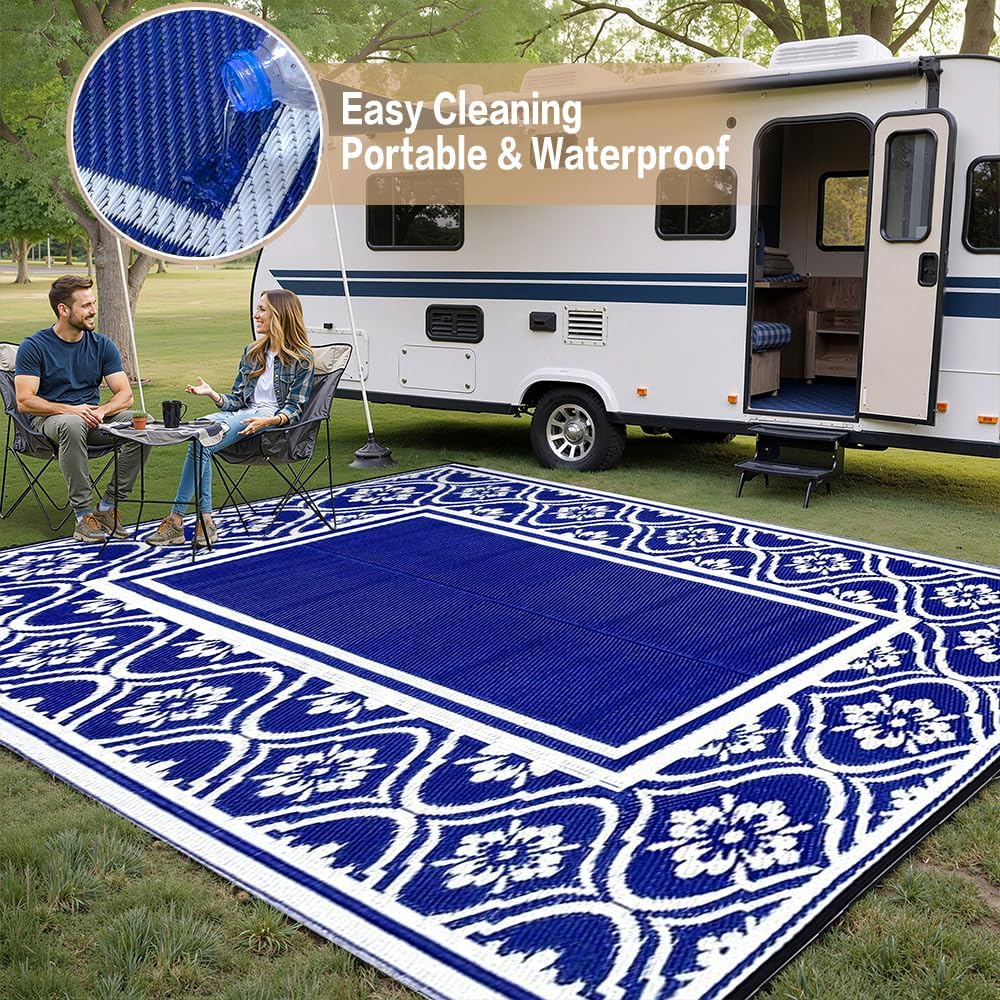 Outdoor Rug 8x10 Patio Waterproof Mat Camping Carpet Outside Area Rug Reversible Light Blue Rugs for RV Deck Entryance Porch Picnic Balcony Beach