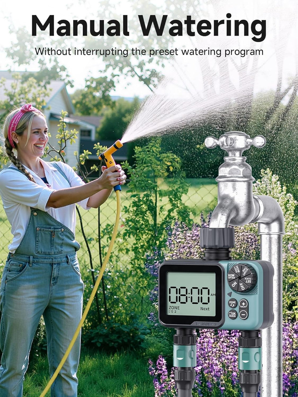 Sprinkler Timer 2 Zone, Programmable Water Timer for Garden Hose with Rain Delay, Manual and Automatic Irrigation Controller System, Waterproof Water Hose Timers for Yard, Lawn, Pool