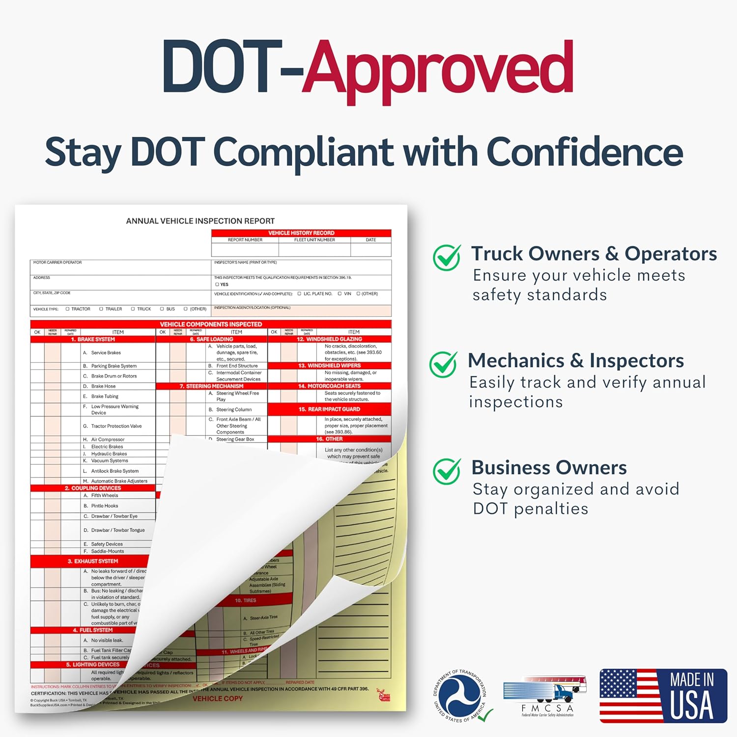 10 Pack 3-Ply Carbonless Annual Vehicle Inspection Report Forms with FMCSA Red Aluminum Adhesive Labels, DOT Inspection Forms and Stickers, Shrink-Wrapped, 8.5" x 11.75" - Made in USA