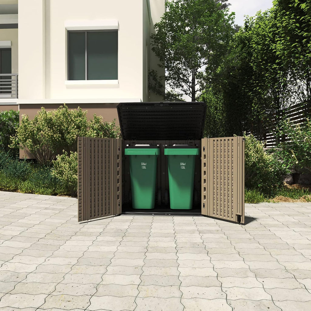 HOMSPARK Storage Shed Weather Resistance, Multi-Purpose Outdoor Storage Cabinet for Backyards and Patios, Horizontal Storage Shed for Lawnmower, Patio Accessories (Coffee, Large - 26 cu.ft)