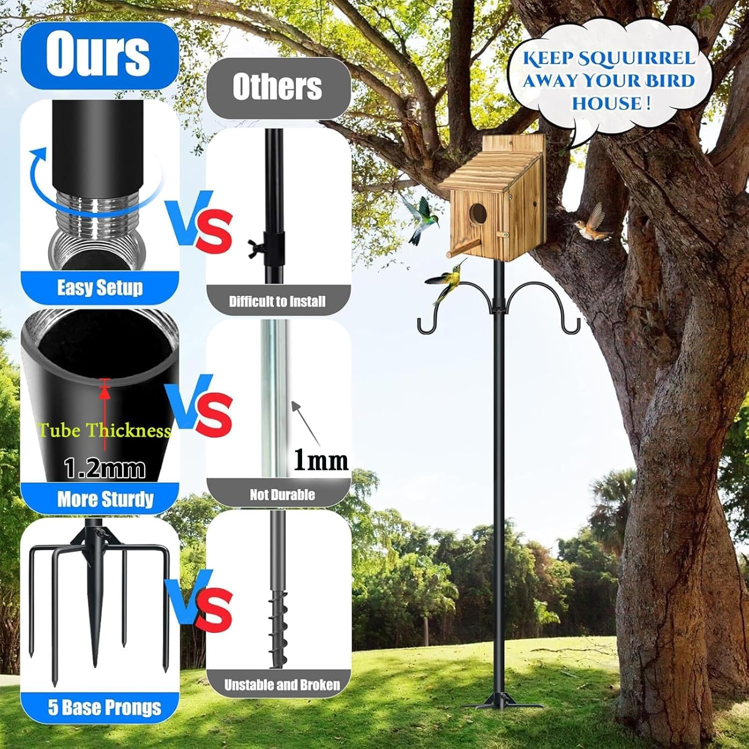QwayHome【New Upgrade】 80In Smart Bird House Poles, 1Inch Dia Poles, Outdoor Bird Feeder Pole Mount Kit for Smart Bird Feeder & Wooden Birdhouse & Weather Station, Heavy Duty, Adjustable, 5-Prong Base