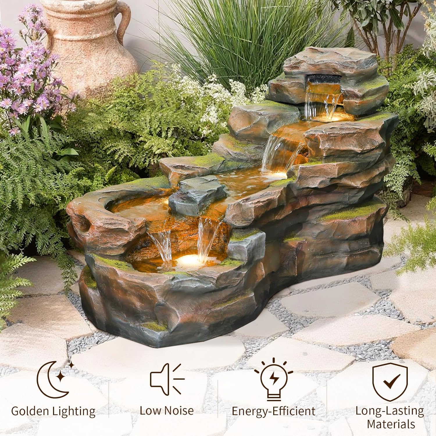 Water Fountain Outdoor Floor Standing 5-Tiers Rock Natural Waterfall Outdoor Garden Fountains with LED Lights for Patio, Porch, Home Art Decor