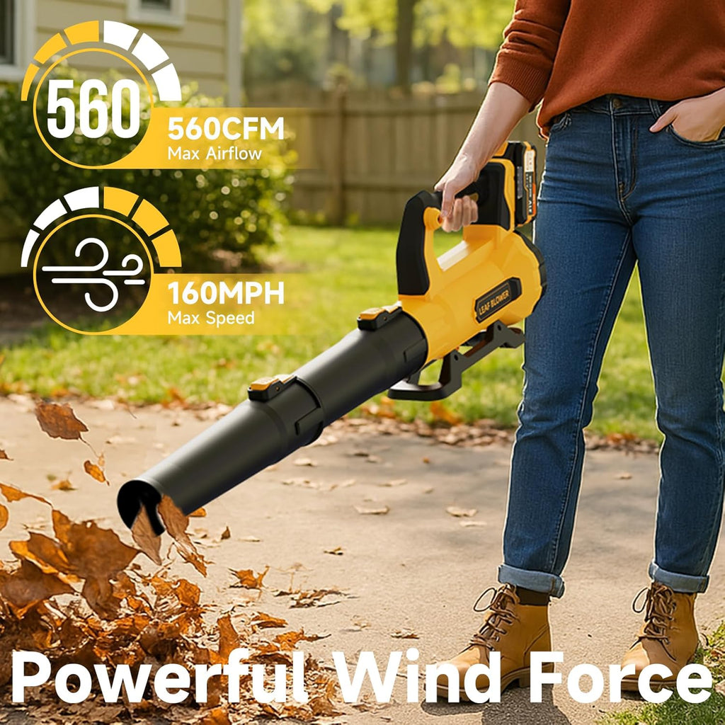 Leaf Blower Cordless with 2× 5.0Ah Batteries and Charger, 21V Electric, Lightweight Battery Powered Blowers for Lawn Care, Yard, Patio Cleaning, Blowing Leaves & Dust, Yellow