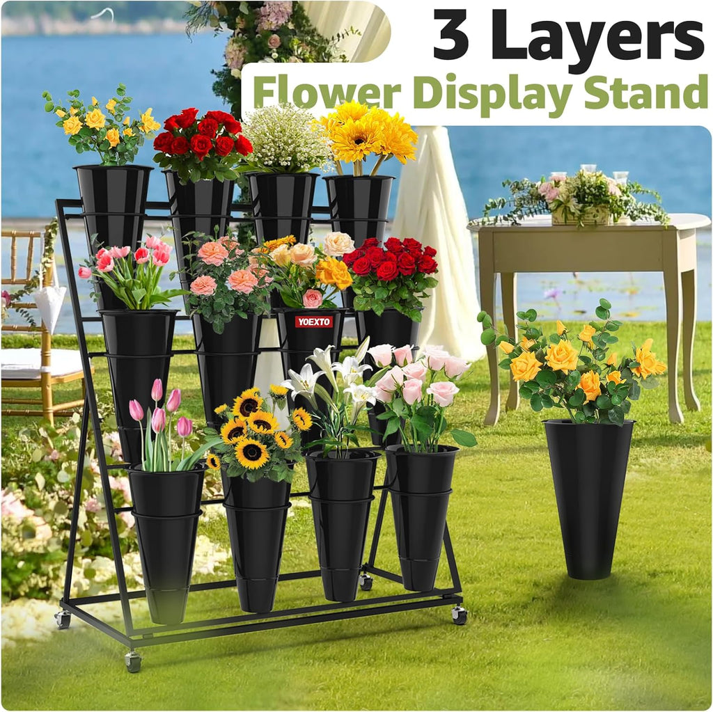 Flower Display Stand 3 Layers with 12 PCS Round Buckets, Plant Stand with Wheels, Movable Metal Plant Stand for Terrace Garden, Florist Shop