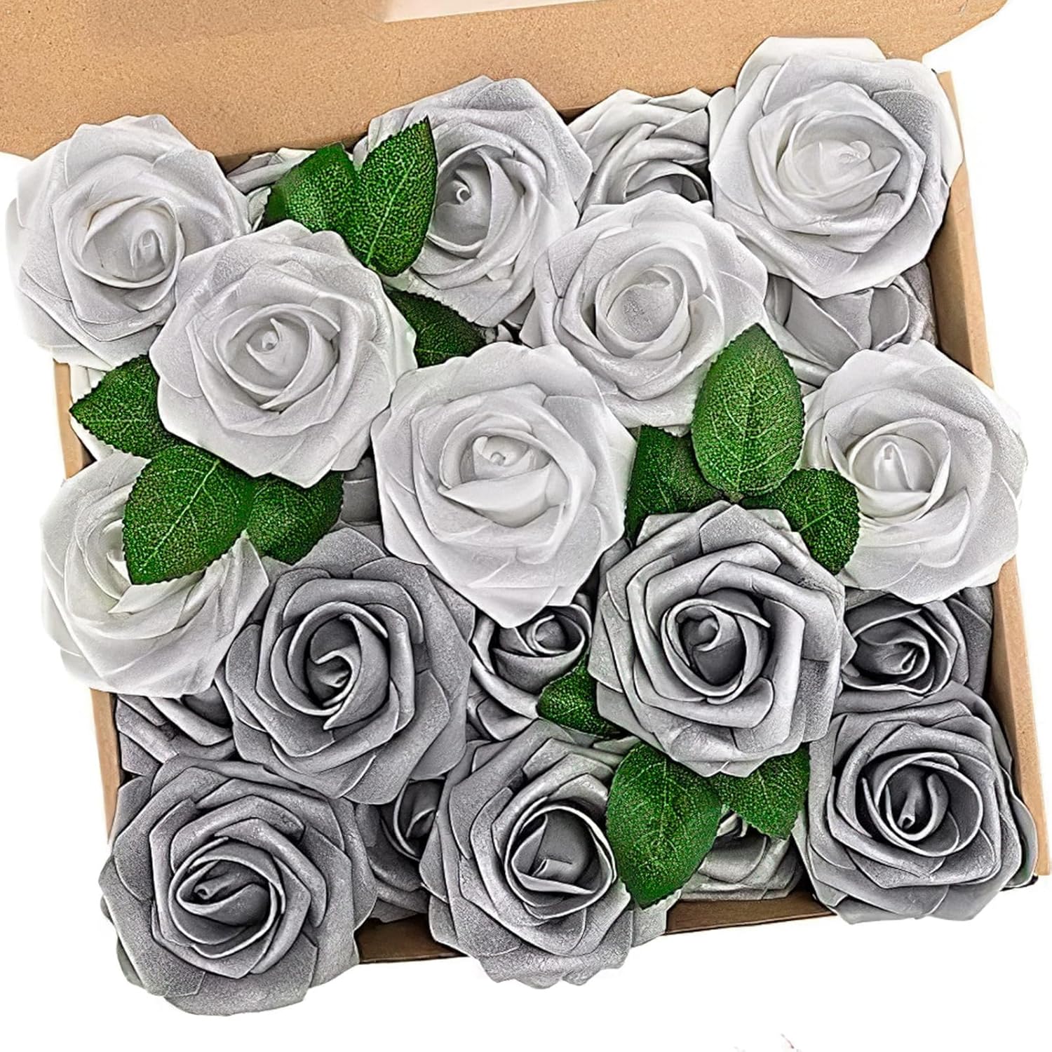 N&T NIETING Artificial Flowers, 25pcs Fake Flowers with Stems for Cake Decoration DIY Wedding Party Baby Shower Decoration, Silver White and Silver Grey