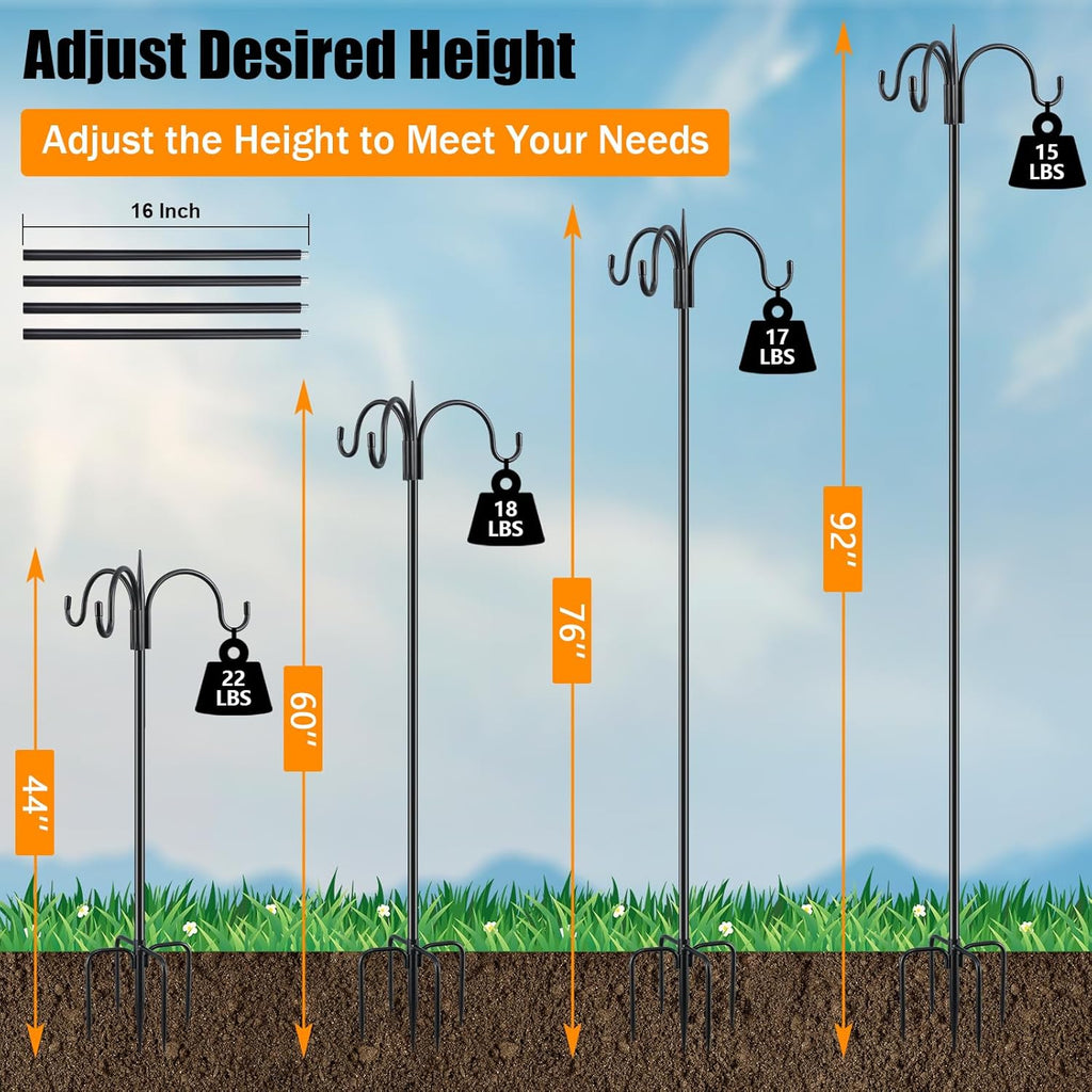 FEED GARDEN [Upgrade Version 92 Inch Three Shepherd Hooks for Outdoor,Bird Feeder Pole with 5 Prong Base, Adjustable Shepard Hooks for Hanging Plant, Solar Lanterns, Wind Chimes, 2 Pack