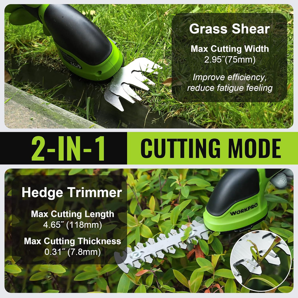 WORKPRO Cordless Grass Shear & Shrubbery Trimmer - 2 in 1 Handheld Hedge Trimmer Electric Grass Trimmer Hedge Shears/Grass Cutter Rechargeable Lithium-Ion Battery and Type-C Cable Included (Green)