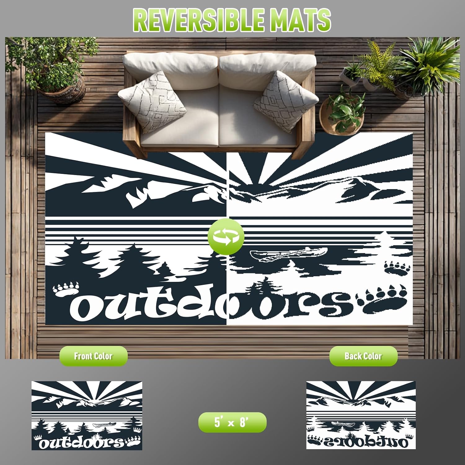 WILDROOTS 5x8 Feet Mountain & Sea Ship Plastic Outdoor Rug, Stain Resistant Waterproof Reversible Outdoor Patio Rug, Fade Resistant Camping Rug