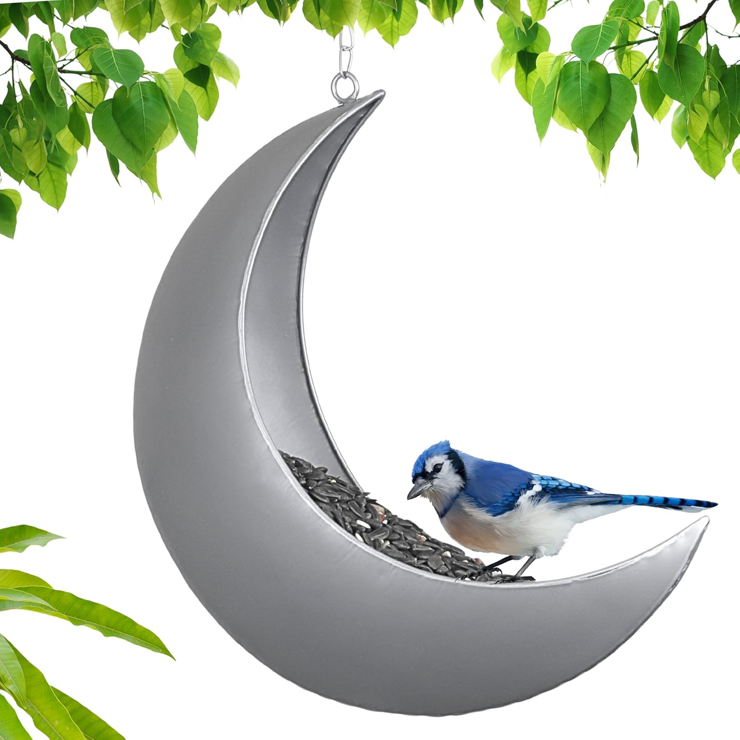 Hanging Moon Bird Feeder – Unique Metal Bird Feeders for Outdoors, Silver Rust-Resistant, Drain Holes – Wild Bird Feeder for Bluebirds, Cardinals, Finches, and Backyard Birdwatching