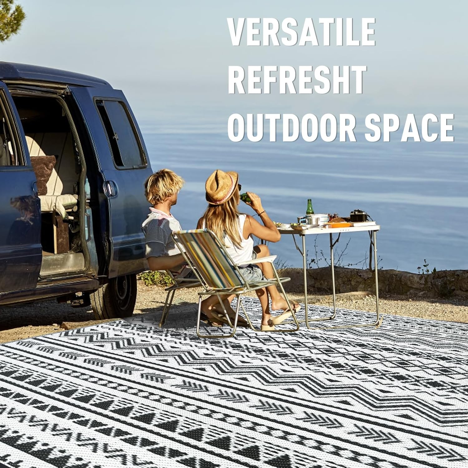WILDROOTS 5x8 Feet Black and White Plastic Outdoor Rug, Stain Resistant Waterproof Reversible Outdoor Patio Rug, Fade Resistant Camping Rug