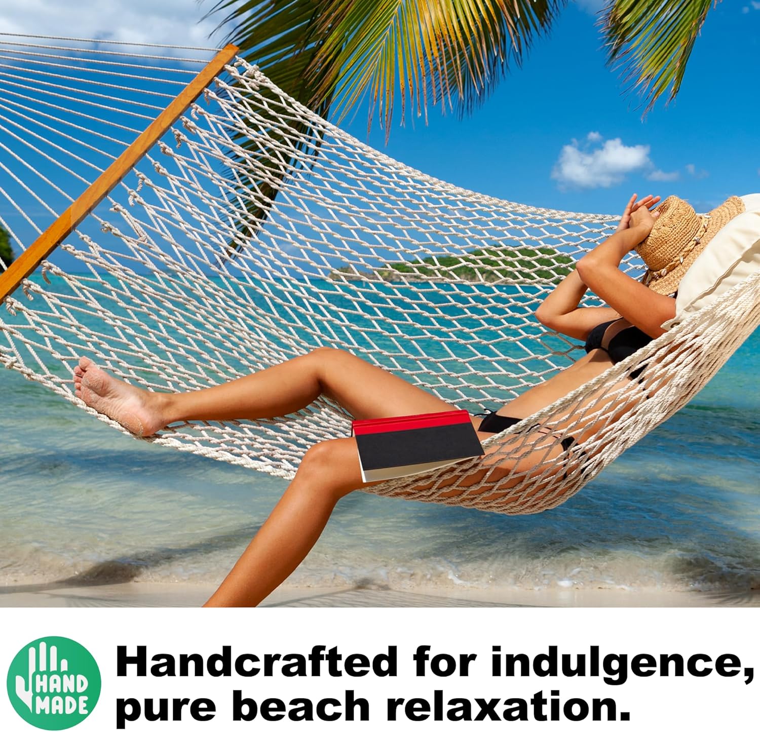 12ft Double Hammocks, Handwoven Traditional Cotton Rope Hammock with Hardwood Spreader Bar, Chains and Hooks for Indoor Outdoor, Max 450 lbs Capacity (Beige, Full)