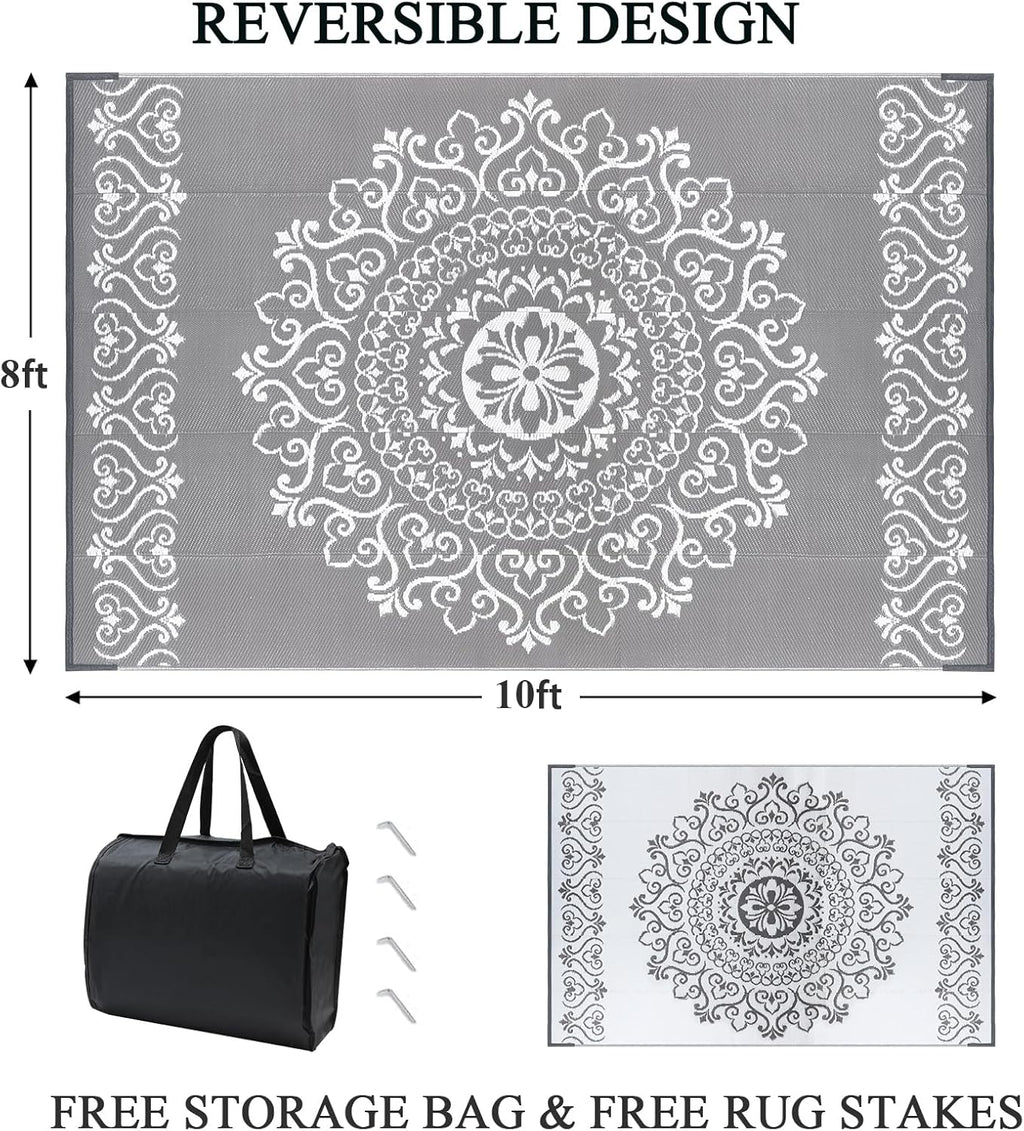 Pauwer Waterproof Outdoor Rug 8x10, Reversible Plastic Straw Patio Camping Rug, Indoor Outdoor RV Mat Carpet for Deck, Camper, Porch, Balcony, Backyard, Picnic, Floral Grey