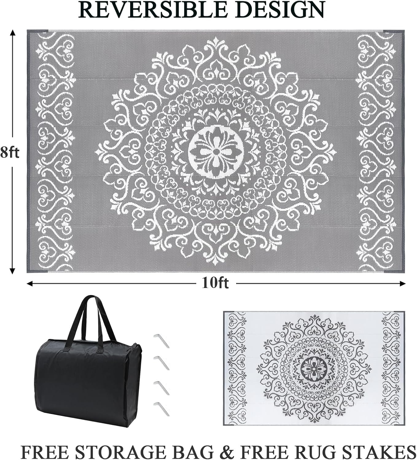 Pauwer Waterproof Outdoor Rug 8x10, Reversible Plastic Straw Patio Camping Rug, Indoor Outdoor RV Mat Carpet for Deck, Camper, Porch, Balcony, Backyard, Picnic, Floral Grey