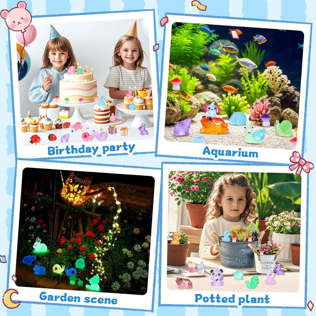 130pcs Luminous Mini Resin Animals Figures to Hide Miniature Figurines Glow in The Dark for Miniature Fairy Garden Accessories Micro Landscape Aquarium Ornaments Kit Dollhouse Decor Crafts