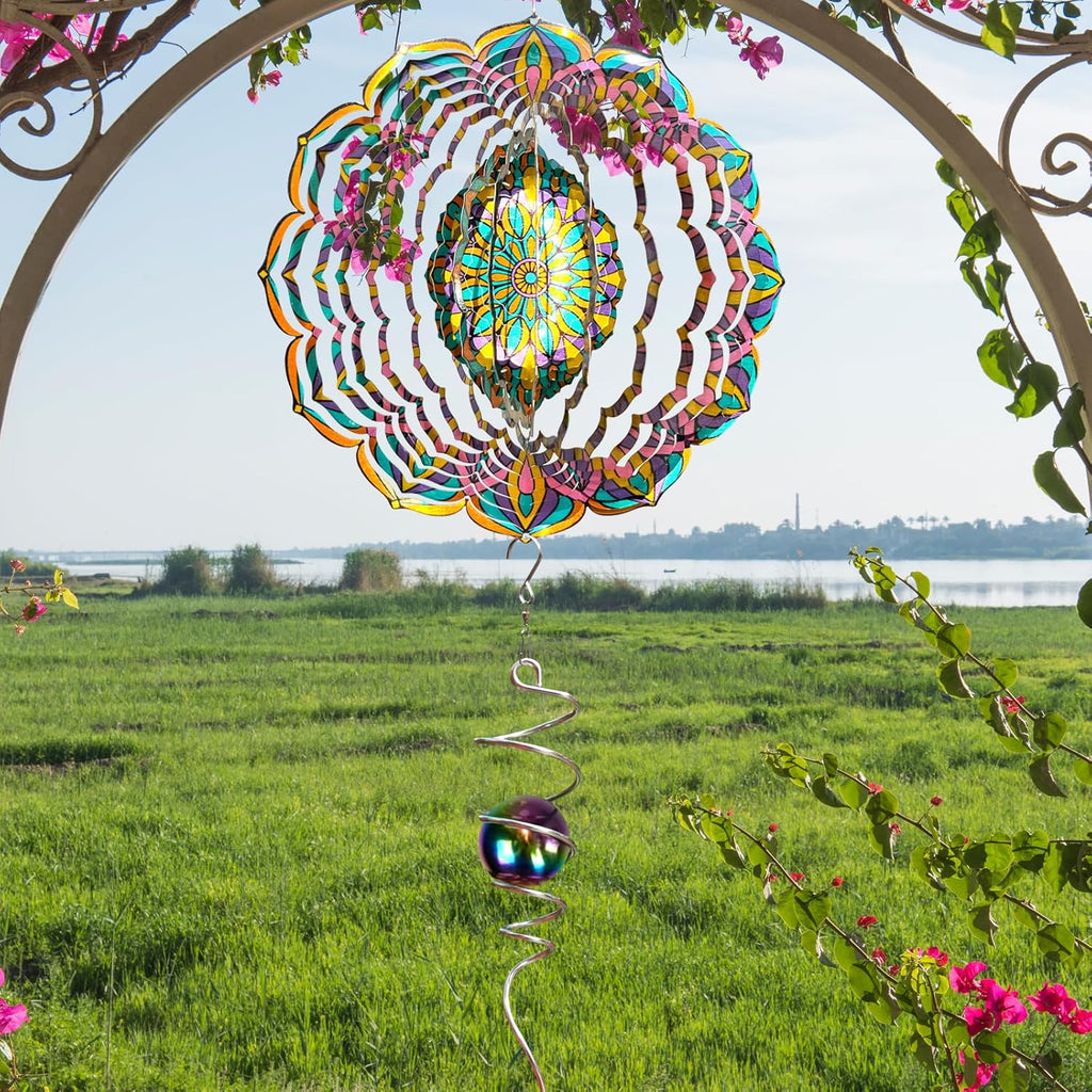Mandala Wind Spinner - Purple Tulip Design | 12 Inch Stainless Steel Hanging Wind Sculpture & Catcher, 3D Kinetic Yard Art Garden Decor for Indoor & Outdoor | Meaningful Gift Idea