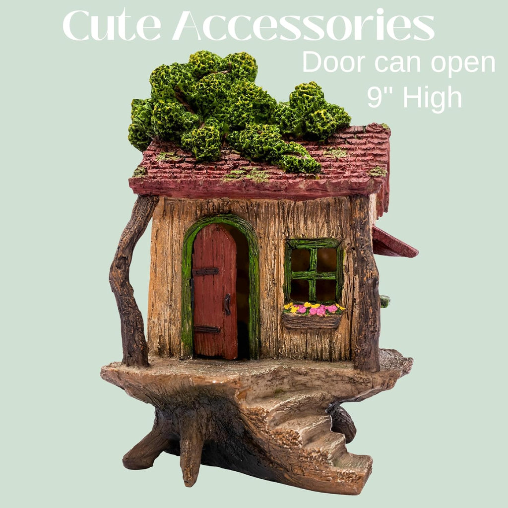 PRETMANNS Fairy House Kit - Fairy Garden Accessories for Outdoor Miniature Village Decor, with Three Fairies - House, 9’ High & Door can Open Wide - 4 Piece Supplies