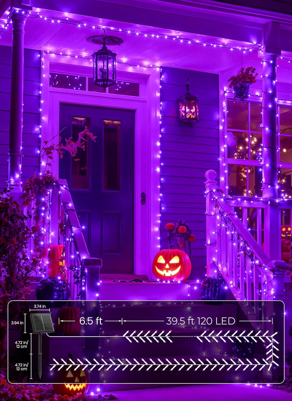 Brightown 4 Pack Halloween Solar String Lights, Total 184FT 480 LED Solar Lights Outdoor Waterproof Black Wire with 8 Modes, Solar Fairy Light for Garden Yard Patio Party Decors, Purple