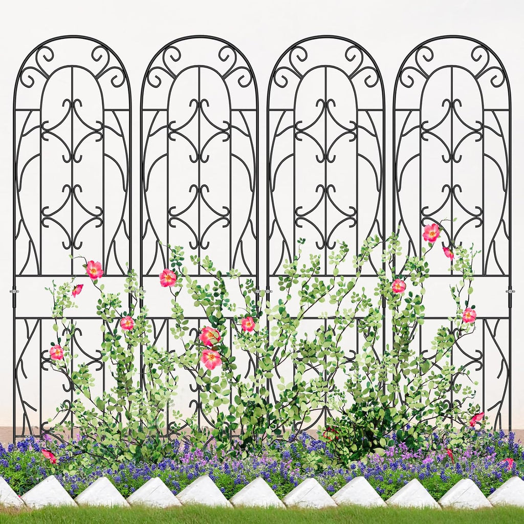 4 Pack Metal Garden Trellis for Climbing Plants, Black Metal Garden Trellis for Vines Plant Rose Vegetable Support,Large Decorative Outdoor Trellis