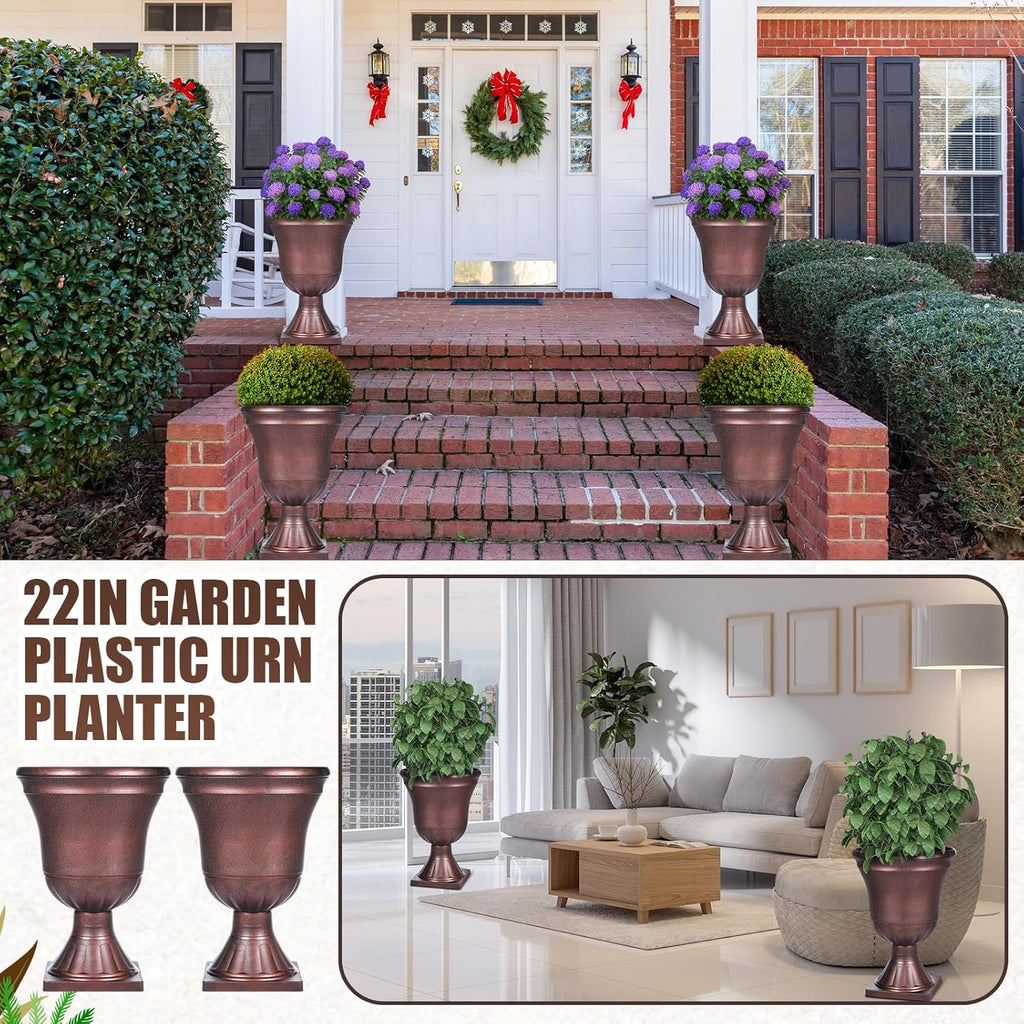 Dandat 4 Pack Large Outdoor Urn Planter 22 inch Tall Plastic Planter for Front Proch Classic Vase Decorative Garden Pot for Indoor Outdoor Door Patio Deck Decor (Vintage Copper)