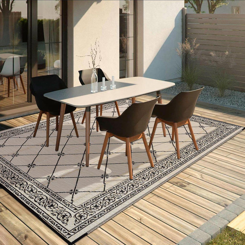 Outdoor Rug 8'x10' for Patios Waterproof Patio Rugs Outdoor Mats for Front Porch,Beach Mat,Reversible Plastic Straw Camping Rugs for Outside RV,Deck,Balcony,Backyard，Black&Beige