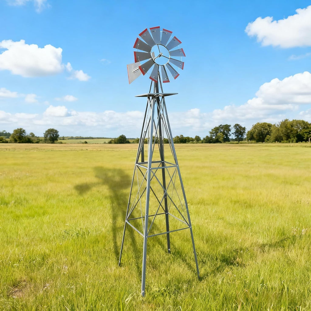 8FT Windmill for Yard Garden Decoration with Weather Vanes，Heavy Duty Outdoor Wind Mills, Large Metal Outdoor Windmill,Weather Resistant,Gray