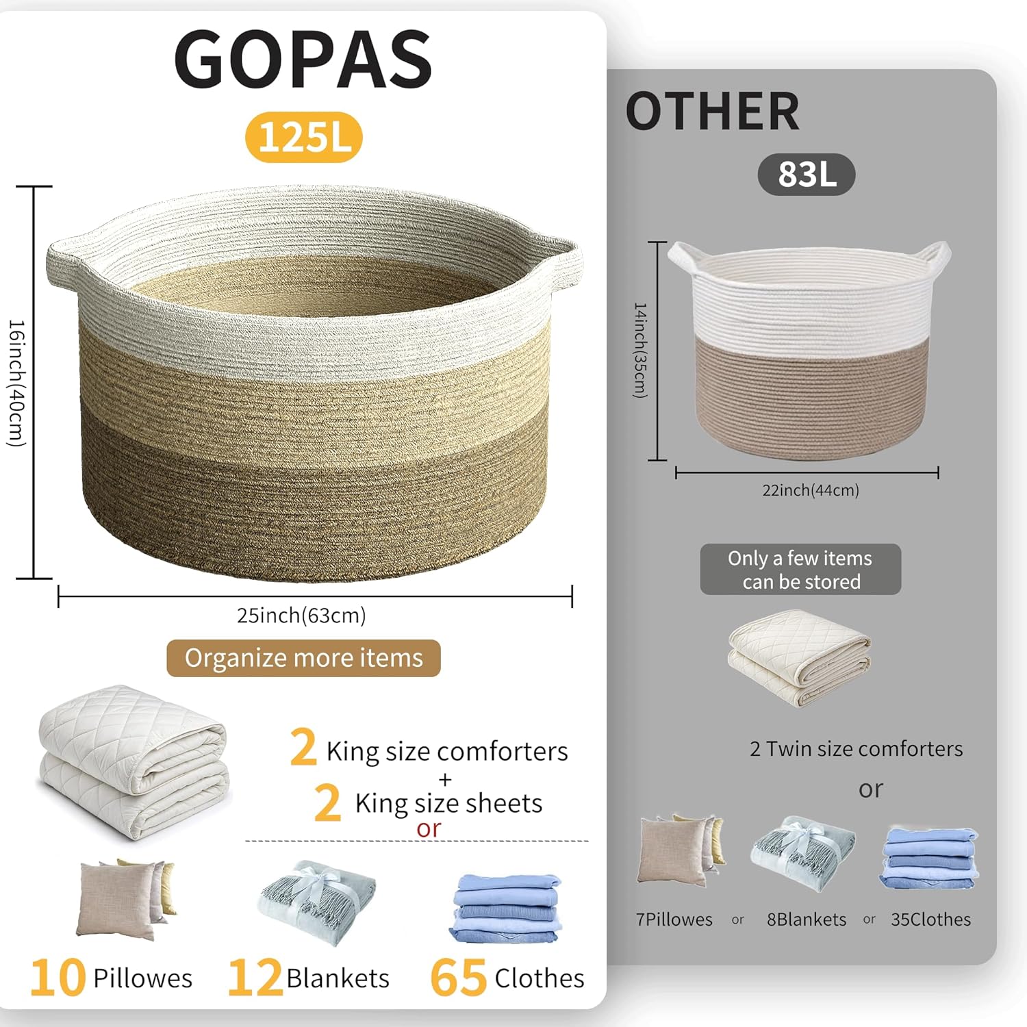 125L Extra Large Blanket Basket, 25" x 16", Jumbo Laundry Woven Basket Decorative Home, Cotton Rope Basket with Handles, Baby Toy Basket for Storage, Gradual Brown, 2PC