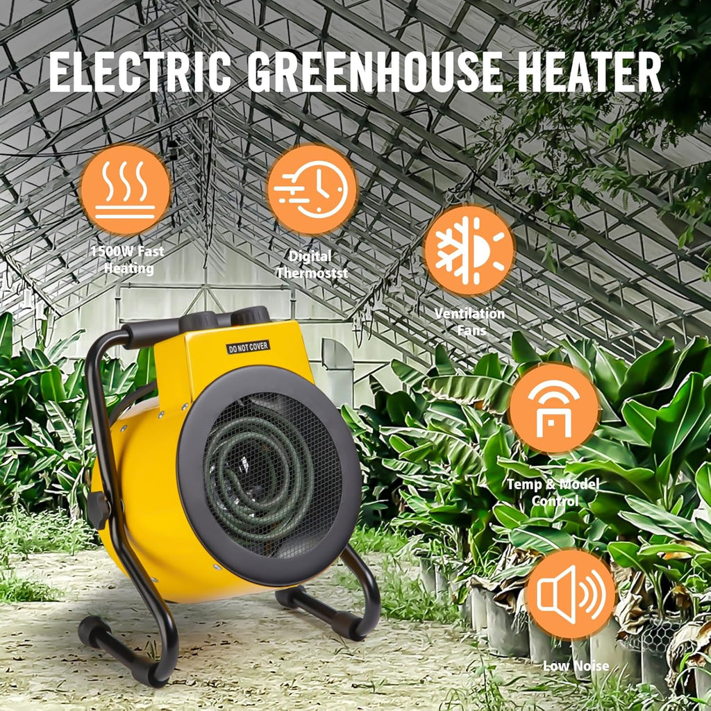 Greenhouse Heater with Digital Thermostat, Green House Heater for Plants,1500W Electric Grow Tent Heaters, Overheat Protection, Fast Heating for Green House, Flower Room, Yellow