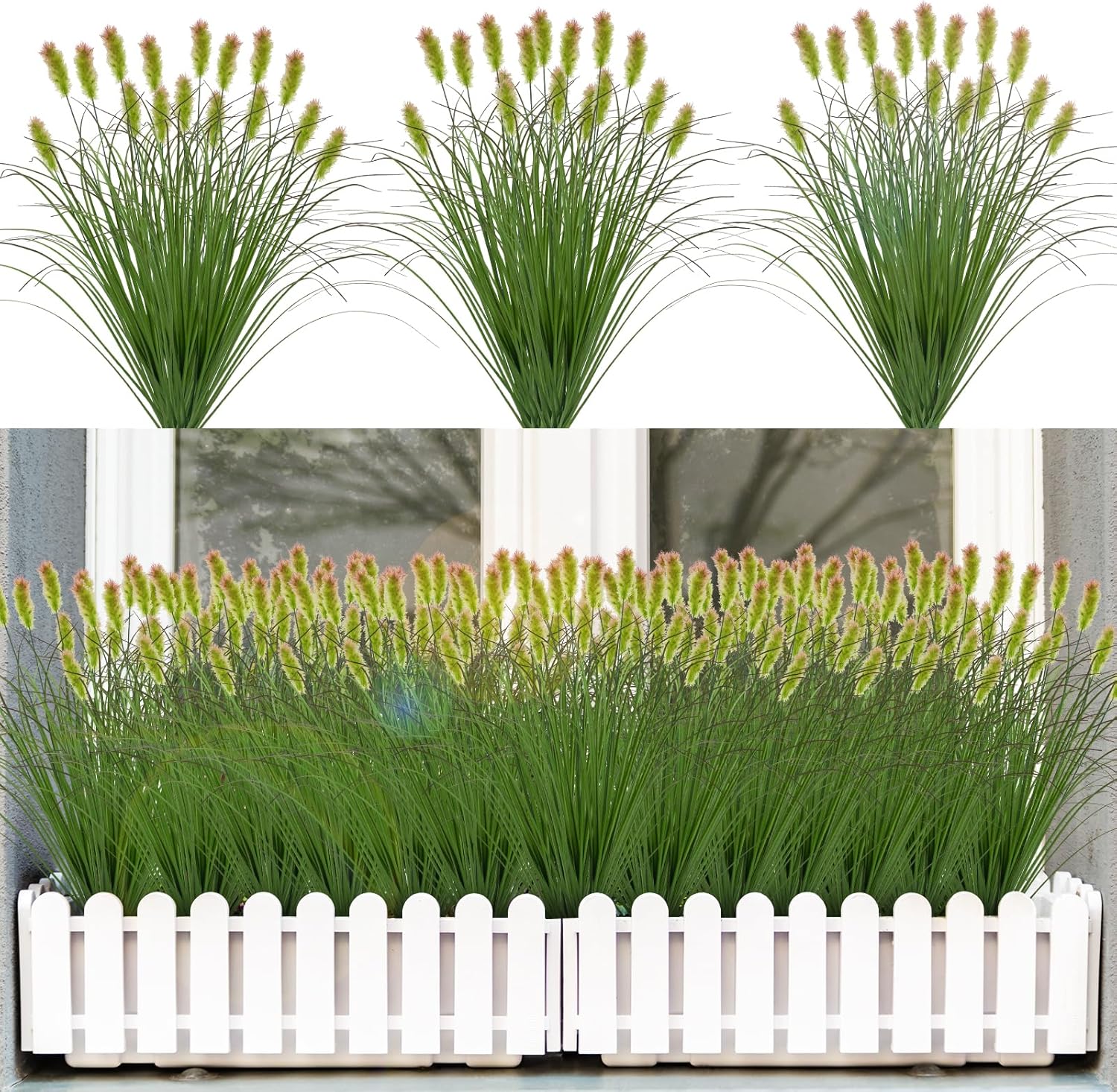 Artificial Grass Plants Outdoor 12 Bunches Fake Onion Grasses with Plush Fake Shrubs Plant Flowers Faux Greenery Wheat Sea Grass for Outside Garden Indoor House Home Office Room Décor (Green & Red）