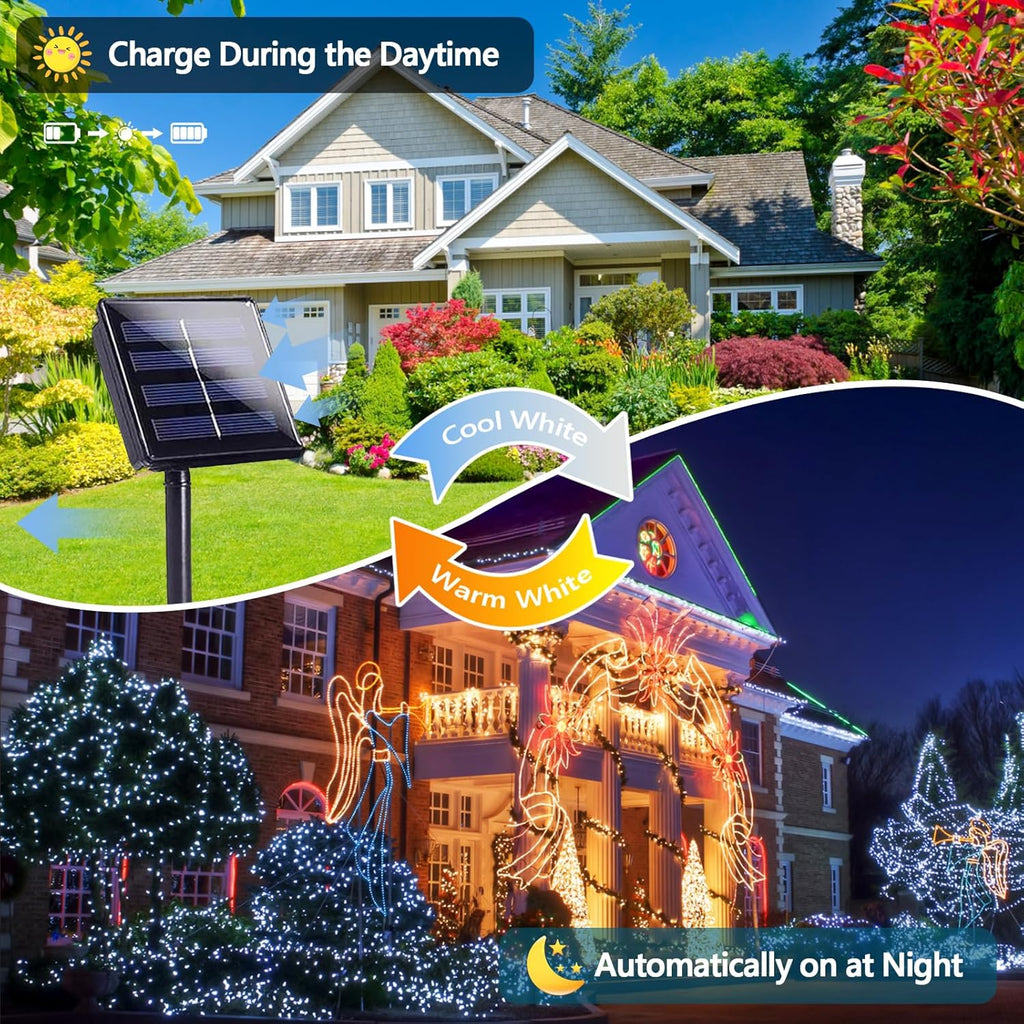 SANJICHA Warm White and Cool White Color Changing Solar String Lights, Extra-Long 2PK 144FT 400LED Solar Fairy Lights Outdoor Waterproof, Copper Wire 8 Modes for Garden Party Wedding Decorations