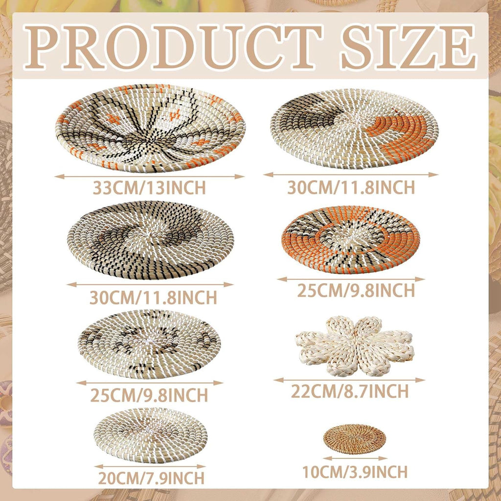 11 Pcs Boho Hanging Wall Basket Decor Handmade Woven Basket Wall Decorative Boho Wicker Baskets Placemats Round Farmhouse Bulrush Art for Rustic Home Decorations Christmas Gift(Cute)