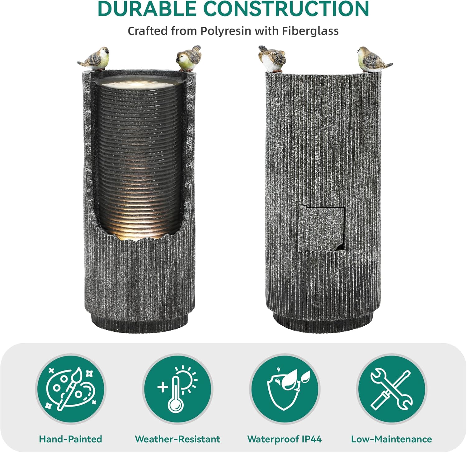 32" Rustic Cracked Jar Water Fountain Outdoor with LED Lights, Polyresin Freestanding Waterfall Feature, Tranquil Oasis for Garden, Patio, Yard, or Porch