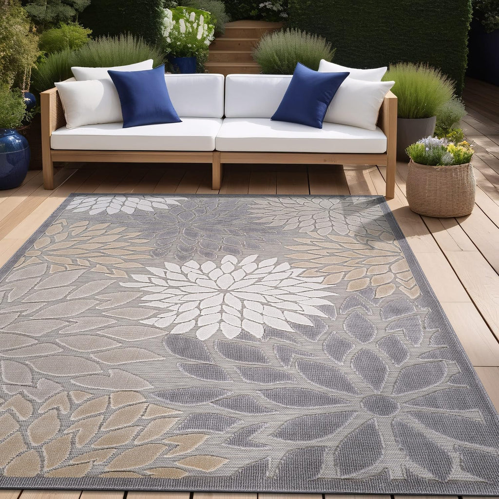 Beverly Rug Outdoor Rug 6x9 Modern Floral Tropical Area Rugs for Indoor and Outdoor Patio Easy to Clean Non Shedding Living Room Porch Garden Washable Outside Carpet (6 x 9 Gray)
