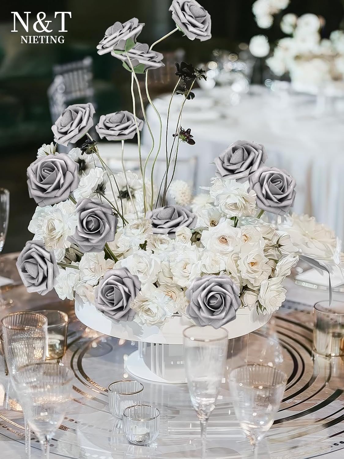 N&T NIETING Artificial Flowers, Fake Flowers Roses Perfect for DIY Wedding Bridal Bouquets Centerpieces Bridal Shower Party Home Flower Arrangement Decorations, 25Pcs, Silver Gray